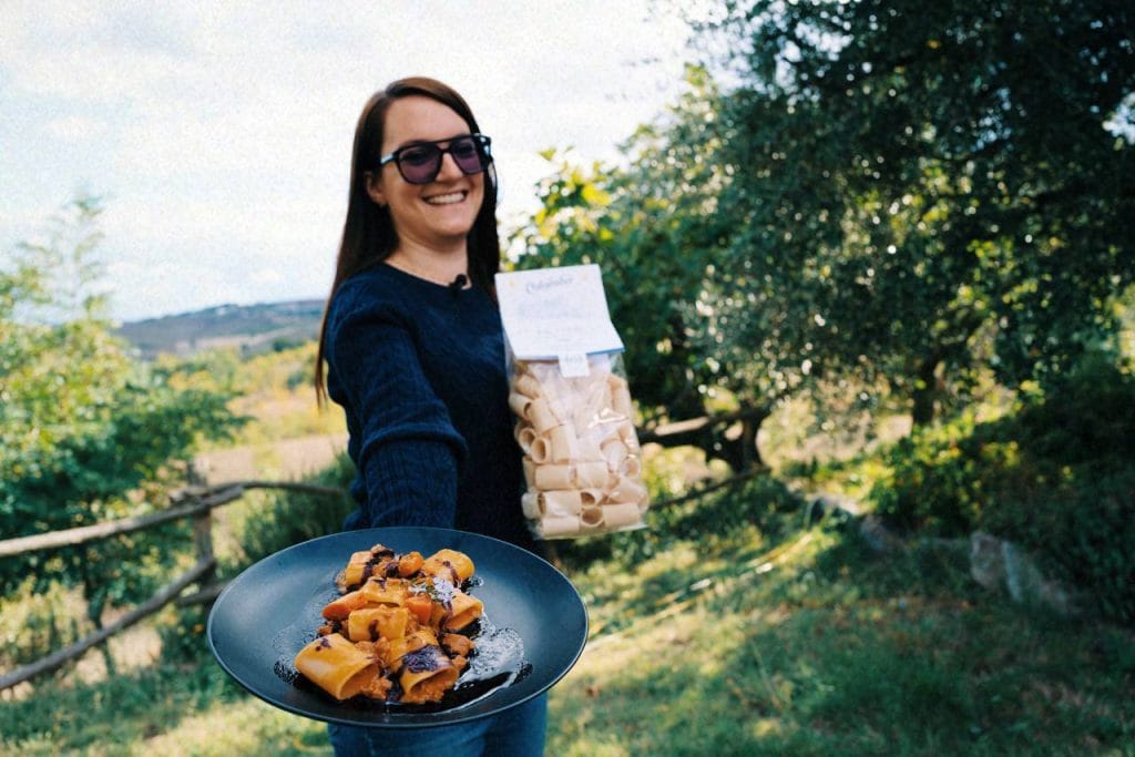 Paccheri Senatore Cappelli con crema di zucca, salsiccia e riduzione di vino rosso